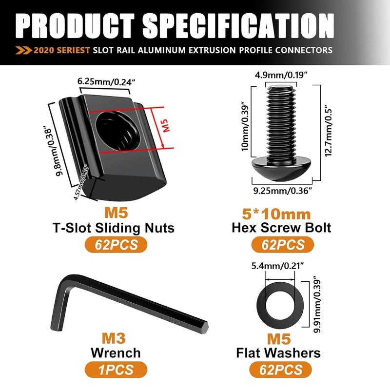 mankk 2020 Series T Slot Rail Aluminum Extrusion Profile Connectors,2028 Corner Bracket with T-Slot Sliding Nuts and M5 Hex Screw Bolt for Aluminum Rail Accessories (30 Set - Image 2